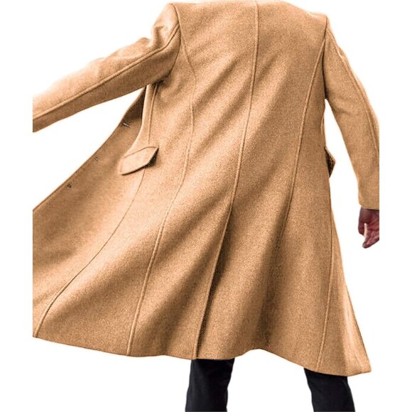 Men's Khaki Slim Fit Notched Collar Long Casual Trench Coat with Pocket - Picture 5 of 6